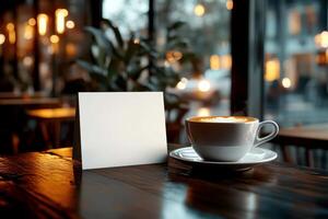 Blank menu card mockup on cafe table with coffee.,. photo