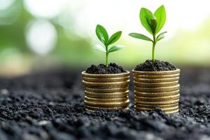 tiny tree sprouting on top of coin stacks represents saves, investment, and financial expansion against a conceptually vibrant backdrop. photo