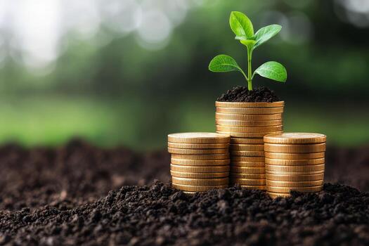 A tiny tree sprouting on top of coin stacks represents saves, investment, and financial expansion against a conceptually vibrant backdrop.., photo