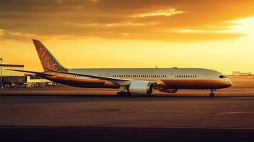 Side view of aircraft at the terminal at sunset.,. photo
