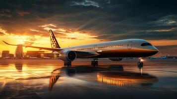 Side view of aircraft at the terminal at sunset photo