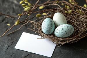 the colorful eggs and quail eggs on a minimalist background with blank greeting card mockup and delicate flowers in stylish arrangement. photo