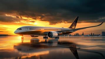 a Side view of aircraft at the terminal at sunset. photo