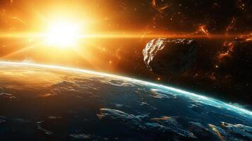 Asteroid in space near Earth. Big asteroid on orbit of Earth planet with sun light. Elements of this image furnished by NASA.., photo