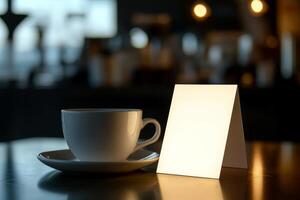 white coffee cup with blank business card on wooden table.,. photo