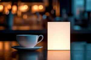 white coffee cup with blank business card on wooden table.,, photo