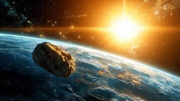 an Asteroid in space near Earth. Big asteroid on orbit of Earth planet with sun light. Elements of this image furnished by NASA photo