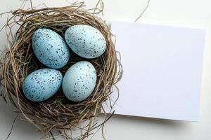 colorful eggs and quail eggs on a minimalist background with blank greeting card mockup and delicate flowers in stylish arrangement., photo
