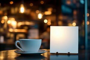 the white coffee cup with blank business card on wooden table. photo