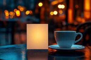 white coffee cup with blank business card on wooden table.. photo