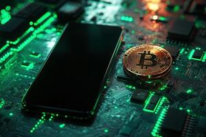 smartphone with a blank black screen lies on nearly bitcoin with futuristic green mainboard. photo