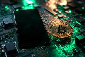 the smartphone with a blank black screen lies on nearly bitcoin with futuristic green mainboard. photo