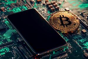 A smartphone with a blank black screen lies on nearly bitcoin with futuristic green mainboard. photo