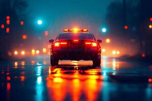 a police cars with flashing lights in an emergency scene, at night . photo