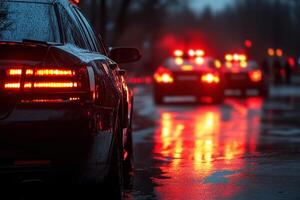 the police cars with flashing lights in an emergency scene, at night . photo