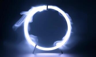 A white light is shown in front of a circular shape video