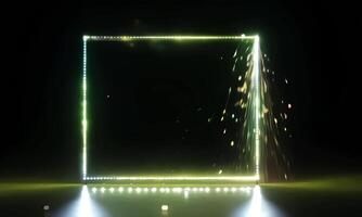A neon light is shining on a square frame video