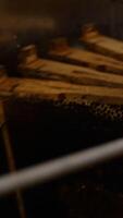 Apiculturist puts the honey frames into the electric machine. Man sets the frames into special slots. Close up. Top view. Vertical video