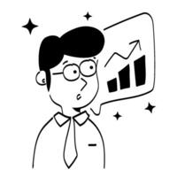 A cartoon man with a speech bubble and a graph vector