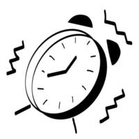 An alarm clock is shown in black and white vector