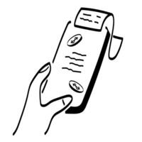 A hand holding a receipt with a pen in it vector