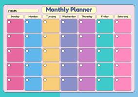 Vibrant monthly planner template with a blank calendar grid, weekdays labeled, and space for notes and tasks. vector