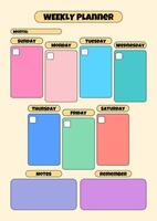 A vibrant weekly planner template with blank checkboxes for adding dates, notes, and reminders for better organization. vector