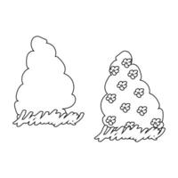 Black and white outline drawing of two bushes, one plain and one with flowers, perfect for a coloring activity. vector