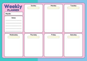 A colorful weekly planner template with space for daily tasks, a notes section, and a month selection field. vector