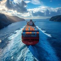Large container ship sailing on the open ocean at sunset. Large container ship sailing on open ocean waters. Concept for global business and international container transport. photo