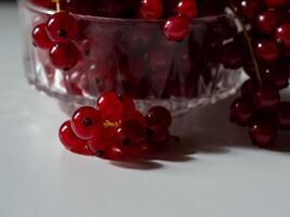 View of the bunches of red currants in a glass goblet on a black background photo