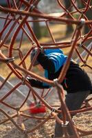 A child in a blue jacket climbs an alpine trellis on a playground photo