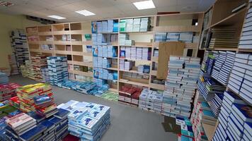 vicino su di scaffale nel biblioteca. libri su scaffale nel biblioteca a il Università video