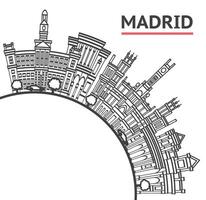 Outline Madrid Spain City Skyline with black and white Historic Buildings and copy space Isolated on White. Madrid Cityscape with Landmarks. vector