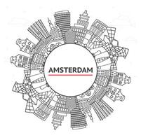 Outline Amsterdam Netherlands City Skyline with Historic Buildings and copy space Isolated on White. Amsterdam Cityscape with Landmarks. vector
