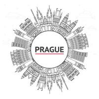 Outline Prague City Skyline with Historic Buildings and copy space Isolated on White. Prague Cityscape with Landmarks. vector