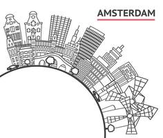 Outline Amsterdam City Skyline with Historic Buildings and copy space Isolated on White. Amsterdam Cityscape with Landmarks. vector