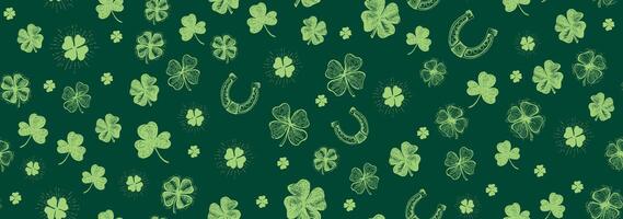 Clover pattern on green. Patricks Day, Hand drawn illustrations vector