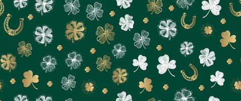 Patricks Day, gold clover pattern on green. Hand drawn illustrations vector