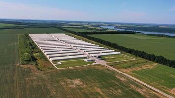 New modern farming complex located in the fields. White straight rows of farming barns. Beautiful nature landscapes at the background. View from above. video