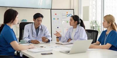 Medical team analyzing patient data and discussing treatment plans in a meeting. photo