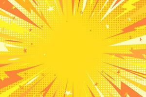 Pop art yellow comic book background. Trendy creative pop art orange halftone style background. Anime explosion design with thunder lightning rays vector