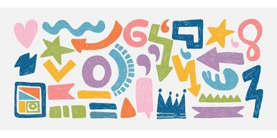 Hand draw set of various shapes in trendy crayon or chalk style. vector