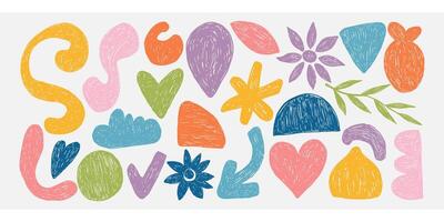 Hand drawn wierd funky retro shapes set drawn with crayon texture vector