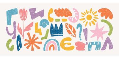 Trendy Crayon Hand Drawn Shapes and Forms Collection. vector