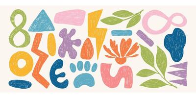 Crayon abstract shapes. Bold groovy bizarre shapes in trendy crayon drawing style. vector