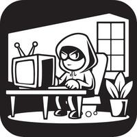 Cartoon Hacker Illustration with Computer in Dark Room vector