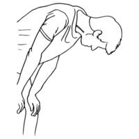 man bent over resting his palms on his knees - hand drawn line art drawing vector