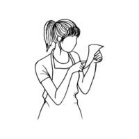 woman in apron reading from a piece of paper running her index finger along the lines, portrait without facial details - hand-drawn line art drawing vector