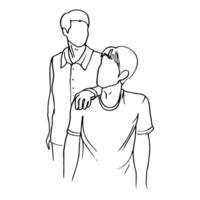 man put hand on friend's key from behind - hand drawn line art drawing vector